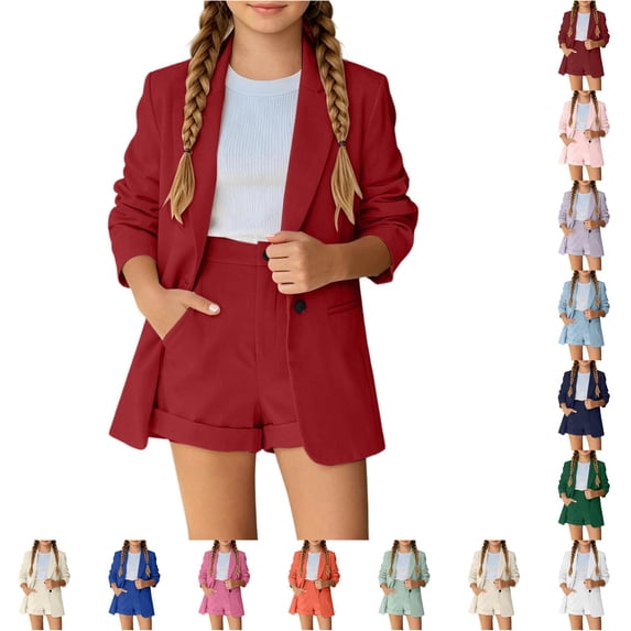 RUTAYY Girls 2 Piece Outfit Set Turndown Collar Long Sleeve Button High Waist Hem Pocket Shorts Formal Matching Set Red