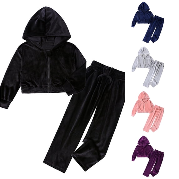 RUTAYY Girls 2 Piece Outfit Set Zip Up Hooded Jacket Drawstring Waist Wide Leg Pants Set Black