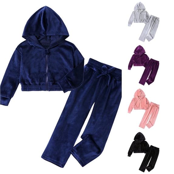 RUTAYY Girls 2 Piece Outfit Set Zip Up Hooded Jacket Drawstring Waist Wide Leg Pants Set Navy