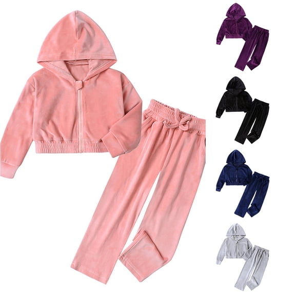 RUTAYY Girls 2 Piece Outfit Set Zip Up Hooded Jacket Drawstring Waist Wide Leg Pants Set Pink