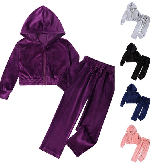 RUTAYY Girls 2 Piece Outfit Set Zip Up Hooded Jacket Drawstring Waist Wide Leg Pants Set Purple