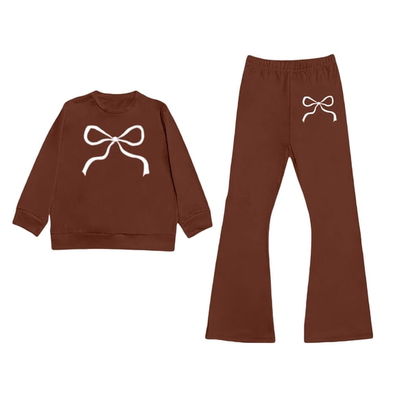 RUTAYY Girls 2 Piece Tracksuit Bow Graphic Long Sleeve Top Flare Leg Pants Casual Outfit, Brown