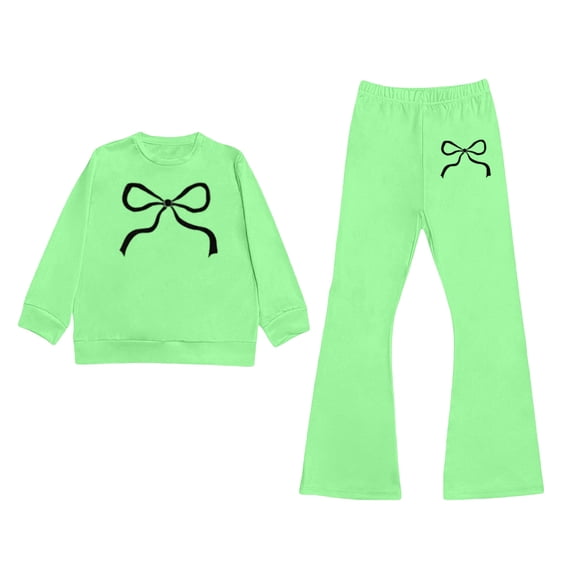 RUTAYY Girls 2 Piece Tracksuit Bow Graphic Long Sleeve Top Flare Leg Pants Casual Outfit, Green