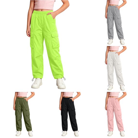 RUTAYY Girls Cargo Pants Elastic Waist Multi Pocket Drawstring Hem Trousers Outdoor Daily Wear