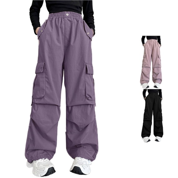 RUTAYY Girls Cargo Pants Elastic Waist Multi Pockets Drawstring Hem Trousers Outdoor Casual Wear Purple
