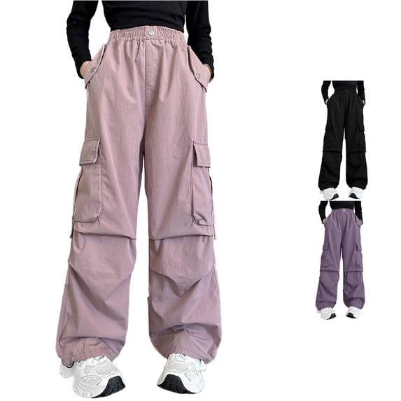 RUTAYY Girls Cargo Pants Elastic Waist Multi Pockets Drawstring Hem Trousers Outdoor Casual Wear Red