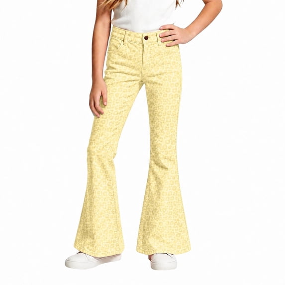 RUTAYY Girls Cargo Pants Leopard Print Slim Fit Elastic Waist Multi Utility Pockets Outdoor Street Bottoms, Yellow