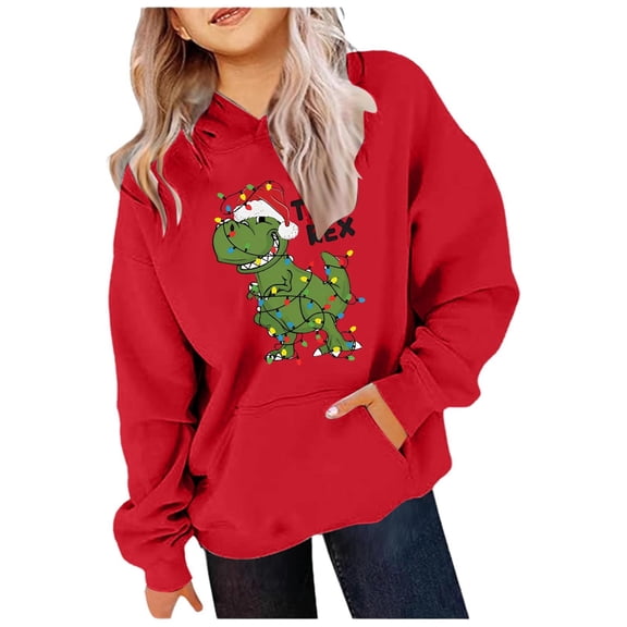 RUTAYY Girls Christmas Hoodie Casual Winter Dinosaur Print with Pocket Long Sleeve Hooded Pullover, Red