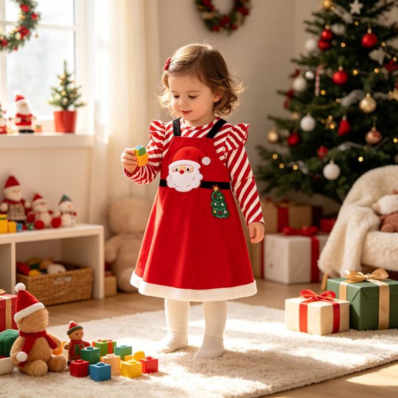 RUTAYY Girls Christmas Outfit Ruffle Striped Long Sleeve Shirt and Santa Applique Suspender Dress 2 Piece Casual Wear, Red