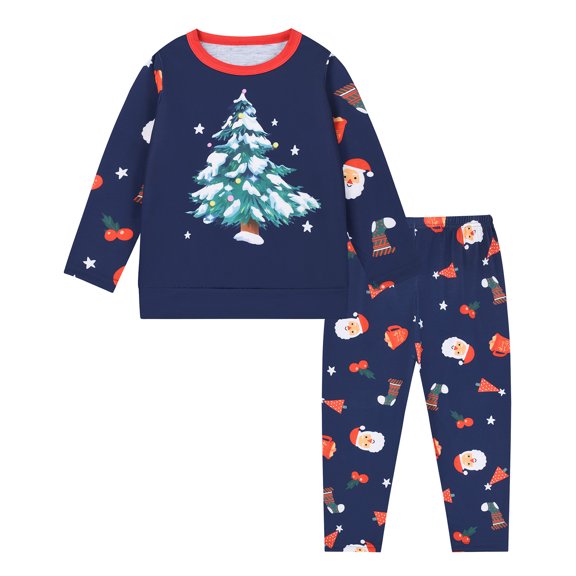 RUTAYY Girls Christmas Pajama Set Christmas Tree Print Long Sleeve 2 Piece Set Children Winter Sleepwear, Navy