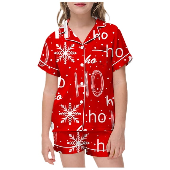 RUTAYY Girls Christmas Pajama Set Snowflake Letter Print Short Sleeve 2 Piece Set Children Sleepwear, Red