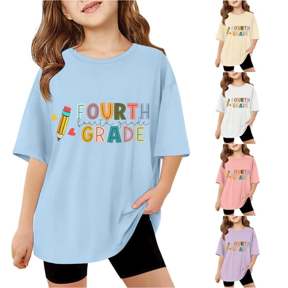 RUTAYY Girls Crew Neck Short Sleeve T-Shirt Fourth Grade Letter Print Back To School Casual Tee Blue