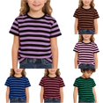 thumbnail image 1 of RUTAYY Girls Crew Neck Striped T-Shirt Horizontal Stripe Short Sleeve Fashion Tee Purple, 1 of 6