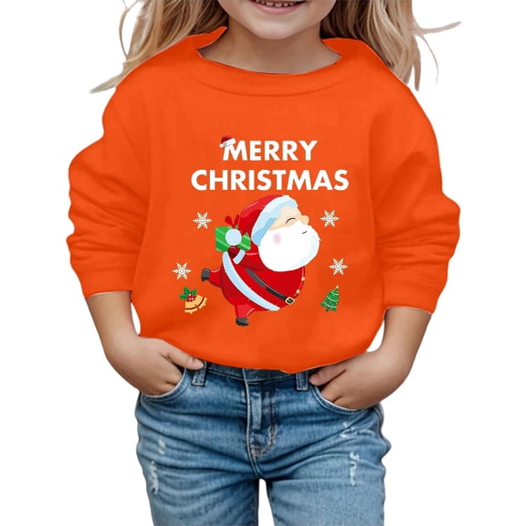 RUTAYY Girls Crewneck Sweatshirt Christmas Festive Santa Claus Graphic Cozy Soft Long Sleeve Casual Top Kids Holiday Party Pullover, Orange