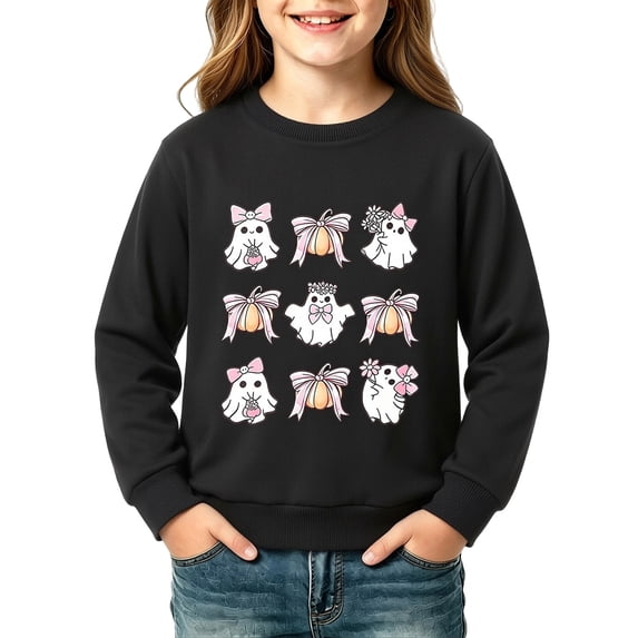 RUTAYY Girls Crewneck Sweatshirt Long Sleeve Cute Ghost Pumpkin Graphic Fall Winter Outdoor Activity, Black