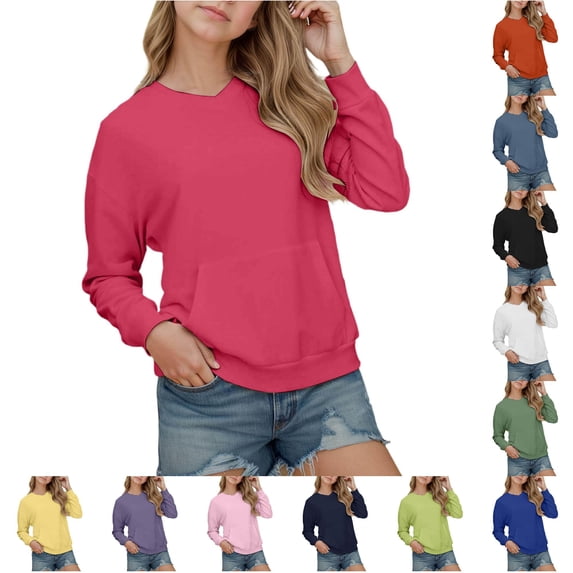 RUTAYY Girls Crewneck Sweatshirt Solid Color Plain Long Sleeve Casual Fall Pullover Tops with Front Pocket for Kids