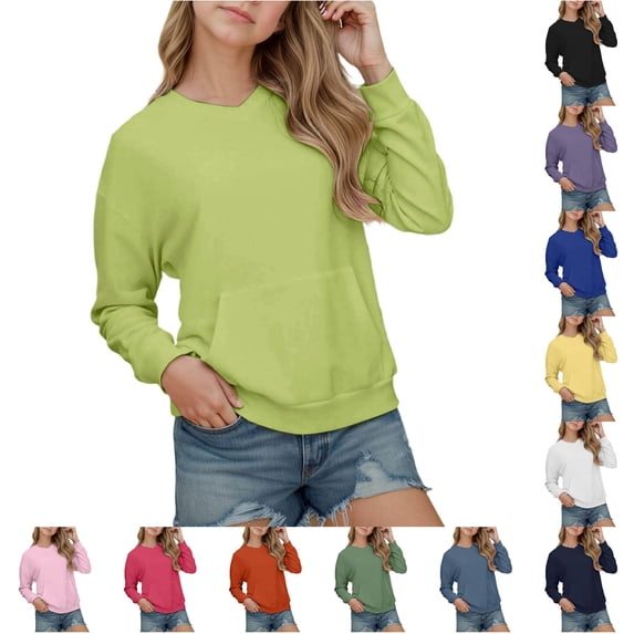 RUTAYY Girls Crewneck Sweatshirt Solid Color Plain Long Sleeve Casual Fall Pullover Tops with Front Pocket for Kids