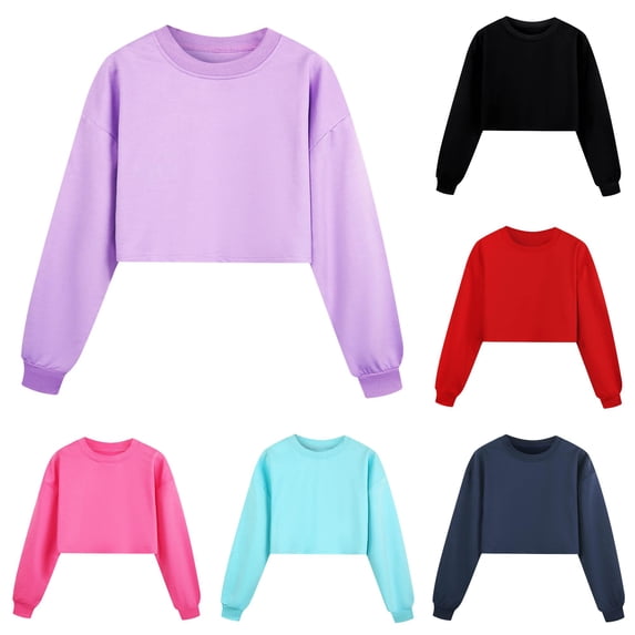 RUTAYY Girls Crop Crewneck Sweatshirt Solid Color Long Sleeve Casual Fall Crop Tops for Kids Purple