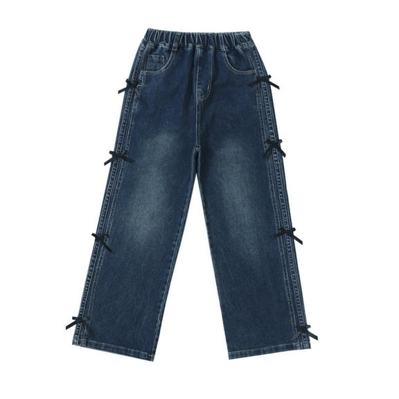 RUTAYY Girls Denim Pants Loose Fit Side Bow Straight Leg Everyday Wear Playful Classic Trousers