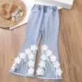 thumbnail image 1 of RUTAYY Girls Flare Jeans Floral Lace Applique Frayed Hem Pockets Elastic Waist Trousers Sweet Daily Wear Blue, 1 of 4