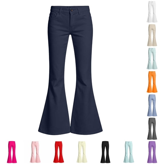 RUTAYY Girls Flare Jeans Solid Color Button Zipper Fly with Pockets Mid Waist Casual Denim Bottoms Navy