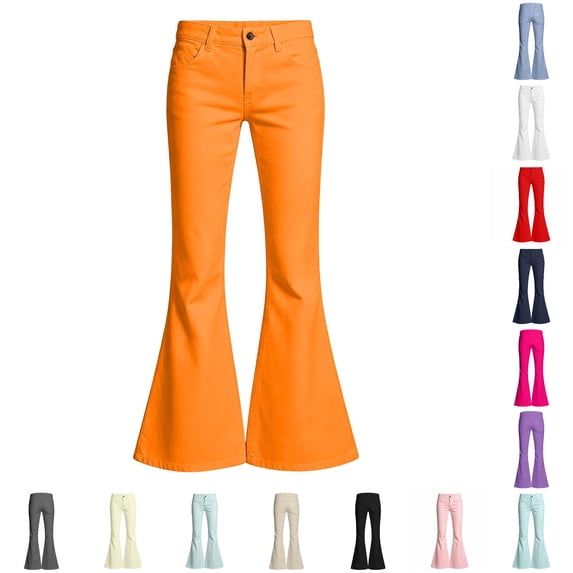 RUTAYY Girls Flare Jeans Solid Color Button Zipper Fly with Pockets Mid Waist Casual Denim Bottoms Orange