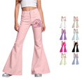 thumbnail image 1 of RUTAYY Girls Flared Jeans Flower Ribbon Print High Waist Button Fly Side Pockets Casual Bottoms Light Pink, 1 of 5