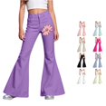 thumbnail image 1 of RUTAYY Girls Flared Jeans Flower Ribbon Print High Waist Button Fly Side Pockets Casual Bottoms Purple, 1 of 5