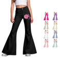 thumbnail image 1 of RUTAYY Girls Flared Jeans Flower Ribbon Print High Waist Button Fly Side Pockets Street Wear Bottoms Black, 1 of 5