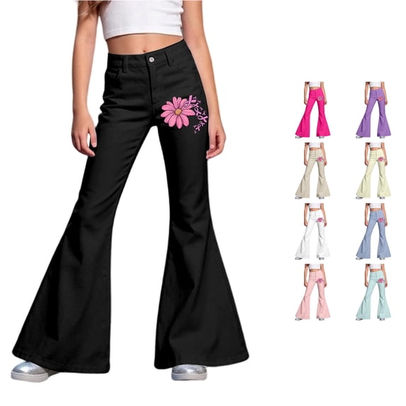 RUTAYY Girls Flared Jeans Flower Ribbon Print High Waist Button Fly Side Pockets Street Wear Bottoms Black