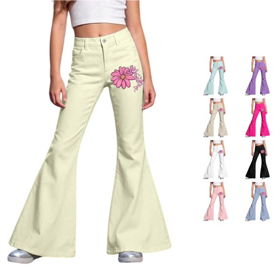 RUTAYY Girls Flared Jeans Flower Ribbon Print High Waist Button Fly Side Pockets Street Wear Bottoms Khaki