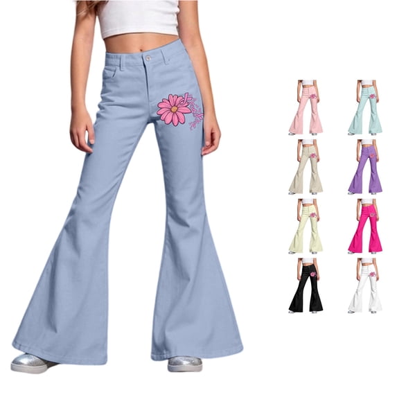 RUTAYY Girls Flared Jeans Flower Ribbon Print High Waist Button Fly Side Pockets Street Wear Bottoms Sky Blue