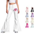 thumbnail image 1 of RUTAYY Girls Flared Jeans Flower Ribbon Print High Waist Button Fly Side Pockets Street Wear Bottoms White, 1 of 5