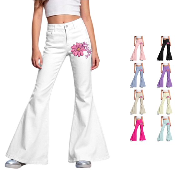 RUTAYY Girls Flared Jeans Flower Ribbon Print High Waist Button Fly Side Pockets Street Wear Bottoms White