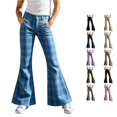 thumbnail image 1 of RUTAYY Girls Flared Pants Plaid Print High Waist Button Fly Side Pockets Casual Bottoms Light Blue, 1 of 5