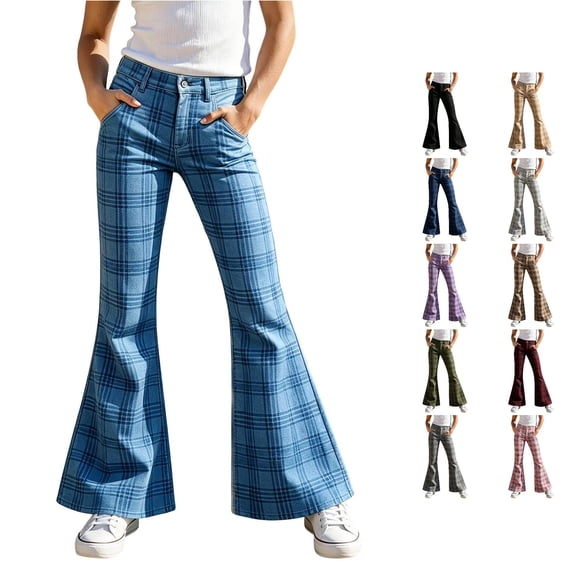 RUTAYY Girls Flared Pants Plaid Print High Waist Button Fly Side Pockets Casual Bottoms Light Blue