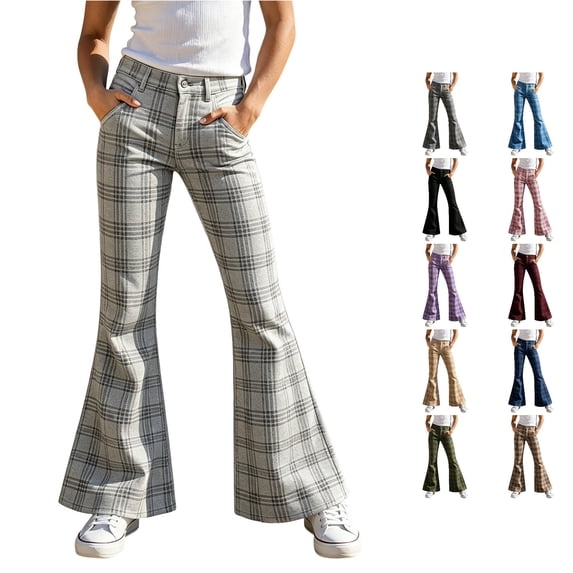 RUTAYY Girls Flared Pants Plaid Print High Waist Button Fly Side Pockets Casual Bottoms Light Gray
