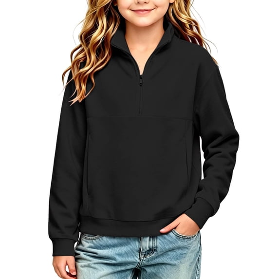 RUTAYY Girls Half Zip Sweatshirt Long Sleeve Stand Collar with Pockets Fall Winter Basic Casual Pullover Top, Black
