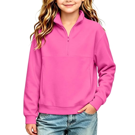 RUTAYY Girls Half Zip Sweatshirt Long Sleeve Stand Collar with Pockets Fall Winter Basic Casual Pullover Top, Hot Pink