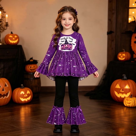 RUTAYY Girls Halloween 2 Piece Outfit Pumpkin Bat Print Long Sleeve Flare Hem Tunic Bow Flare Leggings Set Purple