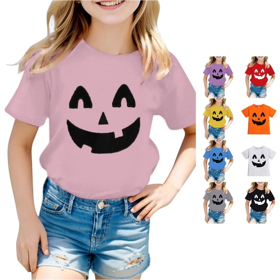 RUTAYY Girls Halloween Graphic T-Shirt Crew Neck Pumpkin Print Short Sleeve Casual Tee Pink