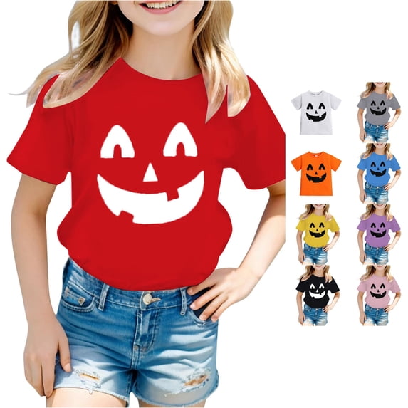 RUTAYY Girls Halloween Graphic T-Shirt Crew Neck Pumpkin Print Short Sleeve Casual Tee Red
