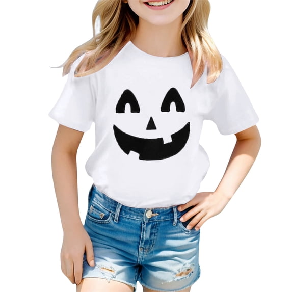 RUTAYY Girls Halloween Graphic T-Shirt Crew Neck Pumpkin Print Short Sleeve Casual Tee White
