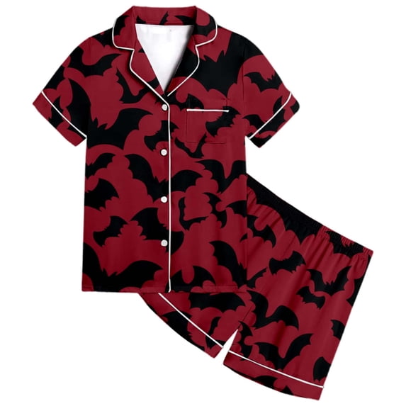 RUTAYY Girls Halloween Pajama Set 2 Piece Bat Graphic Button Down Short Sleeve Sleepwear Holiday Outfit Brick Red