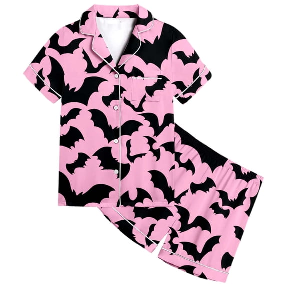 RUTAYY Girls Halloween Pajama Set 2 Piece Bat Graphic Button Down Short Sleeve Sleepwear Holiday Outfit Pink