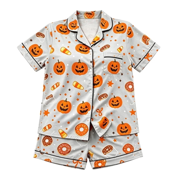 RUTAYY Girls Halloween Pajama Set 2 Piece Button Down Pumpkin Sweet Treat Graphic Loungewear Holiday Evening Activity Grey