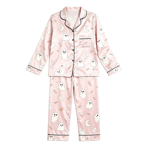 RUTAYY Girls Halloween Pajama Set Button Down Ghost Moon Candy Graphic 2 Piece Sleepwear Fall Indoor Relaxation Khaki