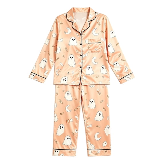 RUTAYY Girls Halloween Pajama Set Button Down Ghost Moon Candy Graphic 2 Piece Sleepwear Fall Indoor Relaxation Orange
