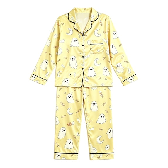 RUTAYY Girls Halloween Pajama Set Button Down Ghost Moon Candy Graphic 2 Piece Sleepwear Fall Indoor Relaxation Yellow
