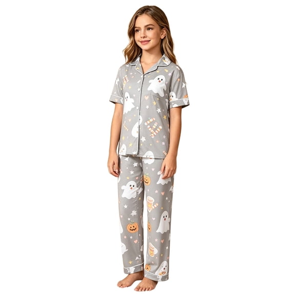 RUTAYY Girls Halloween Pajama Set Button Down Ghost Pumpkin Candy Graphic 2 Piece Sleepwear Holiday Indoor Activity Grey